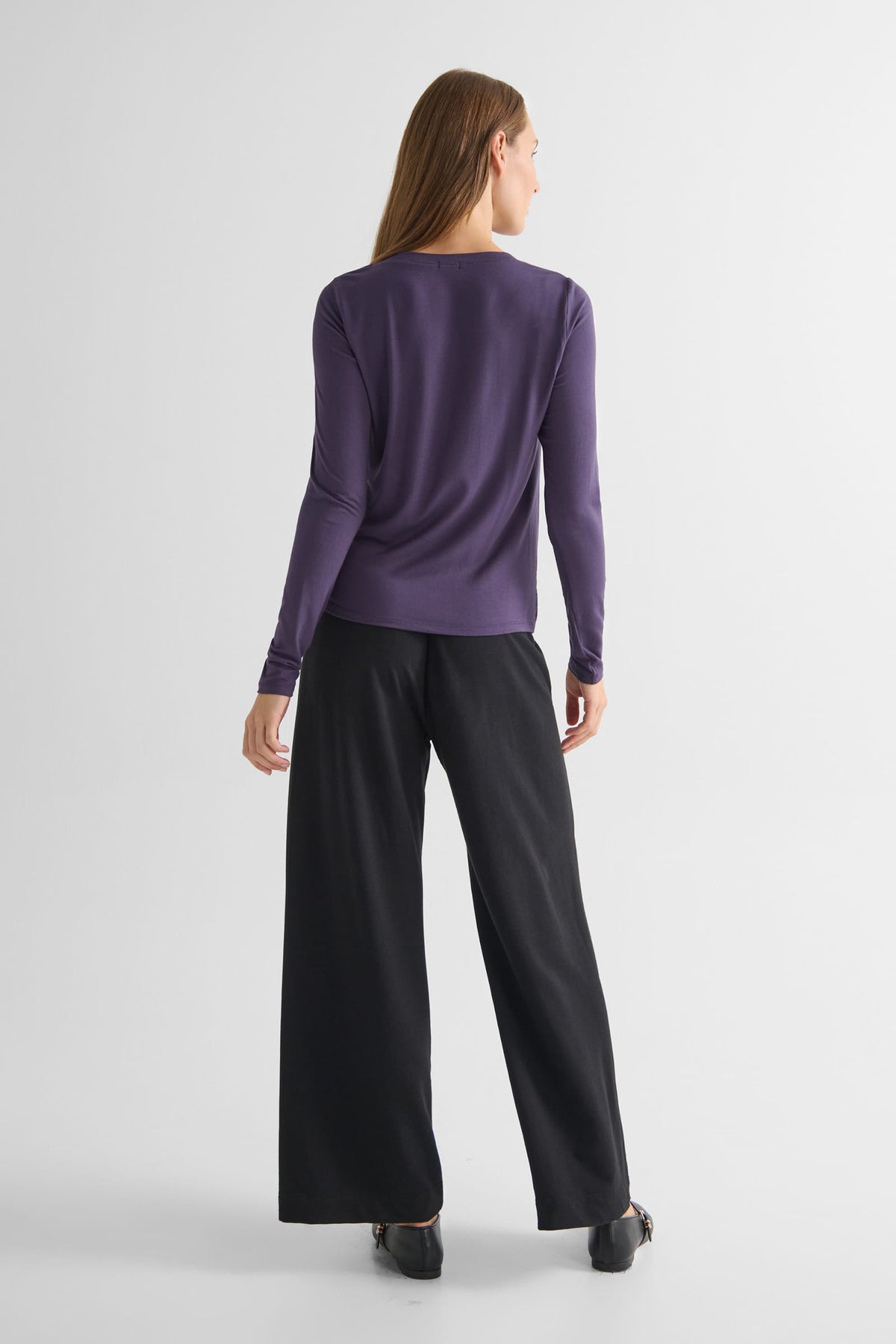 Leilani Longsleeve in Aubergine with Starboard Pant in Black - Women's Long Sleeve Shirt in Aubergine Purple and Women's Wide Leg Pant in Black | DAUB