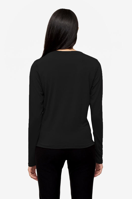 back of a Woman wearing a black long sleeve tee with a twist in the front 