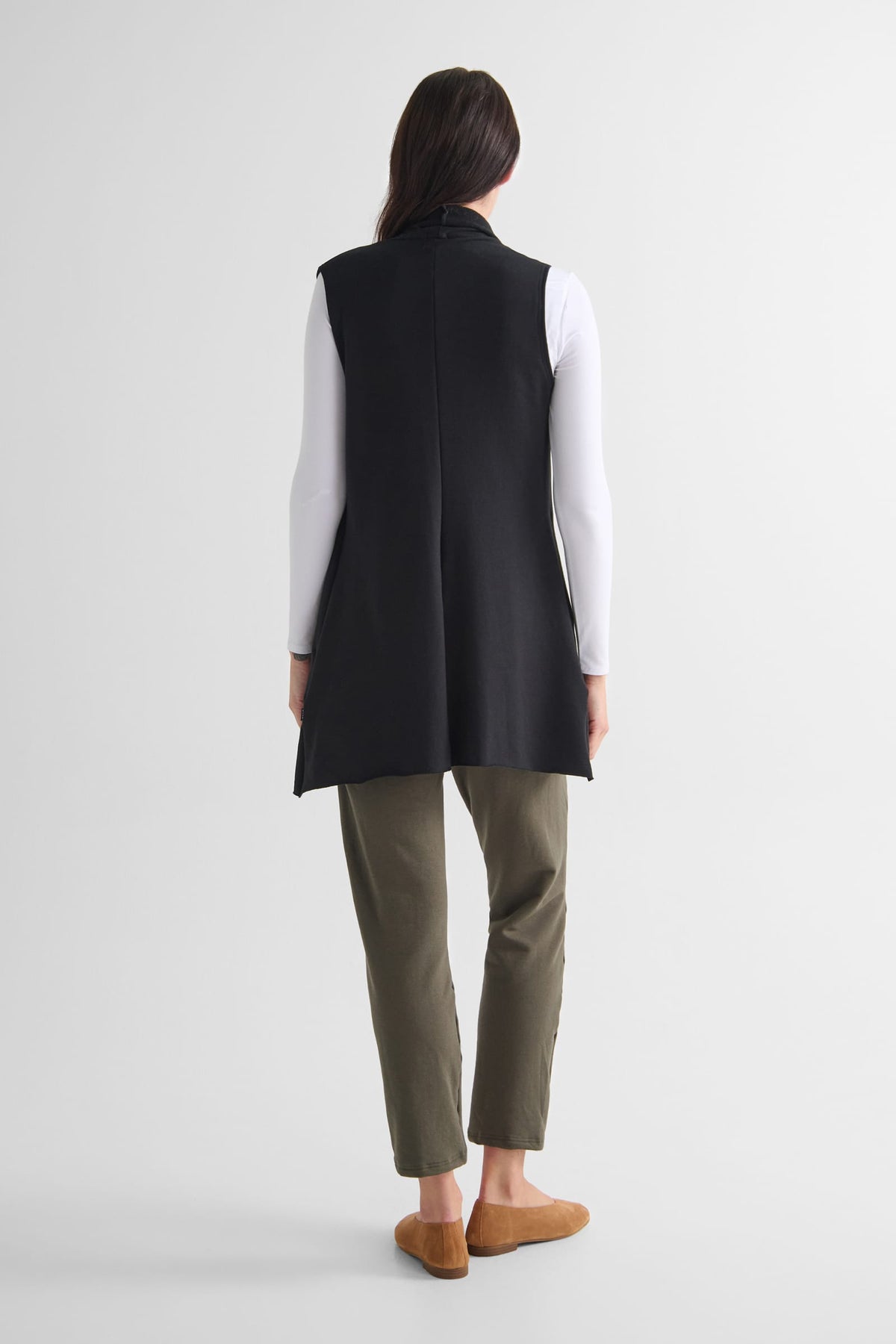 Hatley Vest in Black with Leilani Longsleeve in White and Wren Pant in Spruce - Lightweight Women’s Fleece Vest in Black, Women's Basic Long Sleeve Top in White and Women's Straight Leg Pant in Spruce Green | DAUB