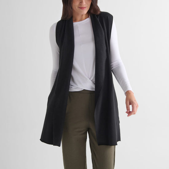 Hatley Vest in Black with Leilani Longsleeve in White  - Lightweight Women’s Fleece Vest in Black and Women's Basic Long Sleeve Top in White | DAUB