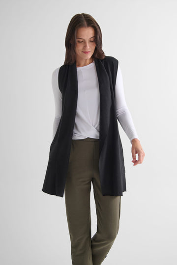 Hatley Vest in Black with Leilani Longsleeve in White  - Lightweight Women’s Fleece Vest in Black and Women's Basic Long Sleeve Top in White | DAUB
