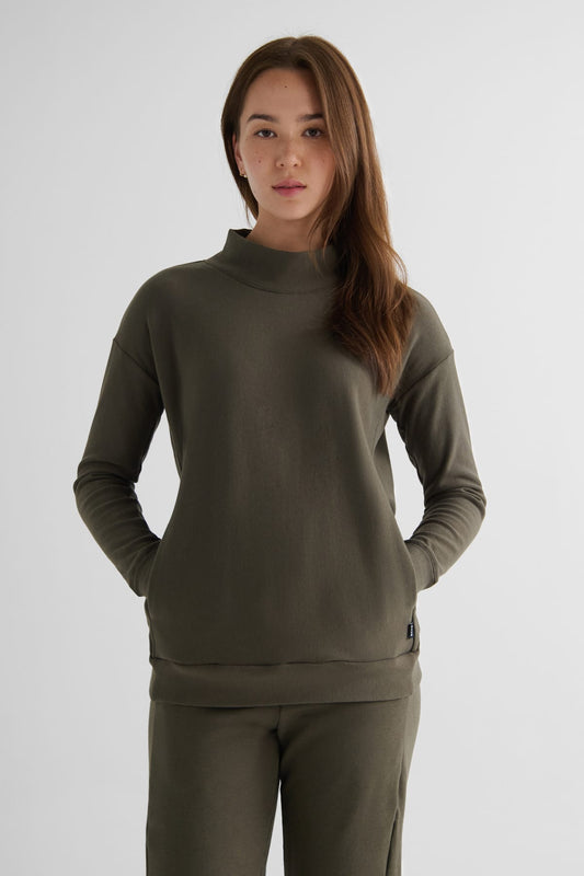Shiloh Funnelneck Sweatshirt in Spruce - Women's Basic Funnelneck Fleece Sweatshirt in Spruce Green | DAUB