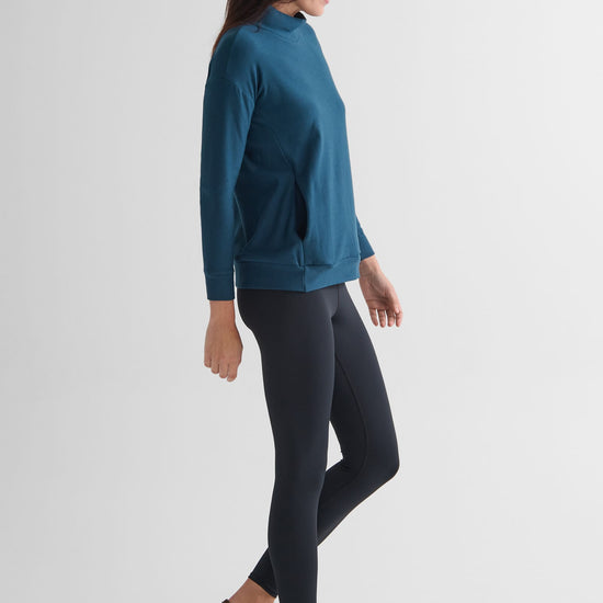 Shiloh Funnelneck Sweatshirt in Mystique with Riley Legging in Matte Black - Women's Basic Funnelneck Fleece Sweatshirt in Blue and Women's Basic Legging in Black | DAUB