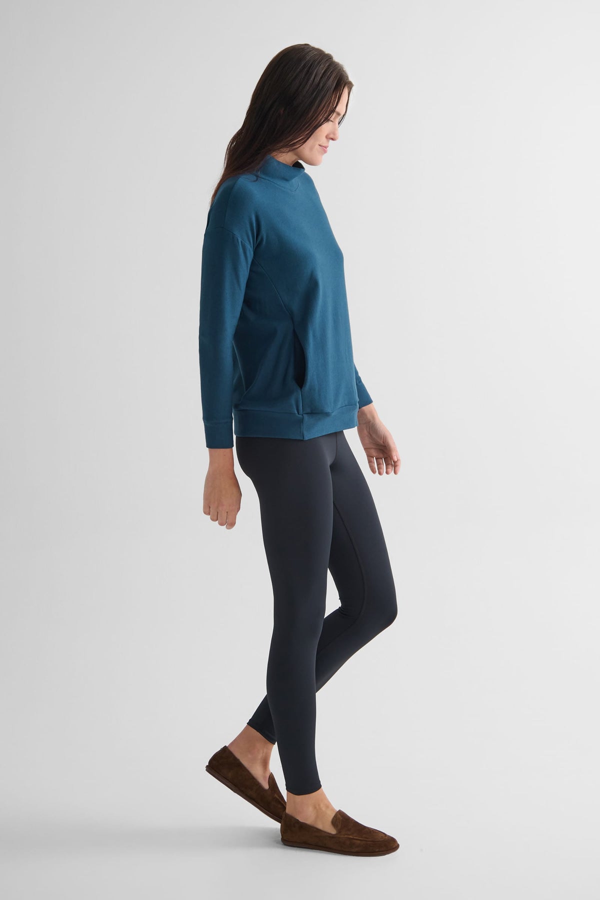 Shiloh Funnelneck Sweatshirt in Mystique with Riley Legging in Matte Black - Women's Basic Funnelneck Fleece Sweatshirt in Blue and Women's Basic Legging in Black | DAUB
