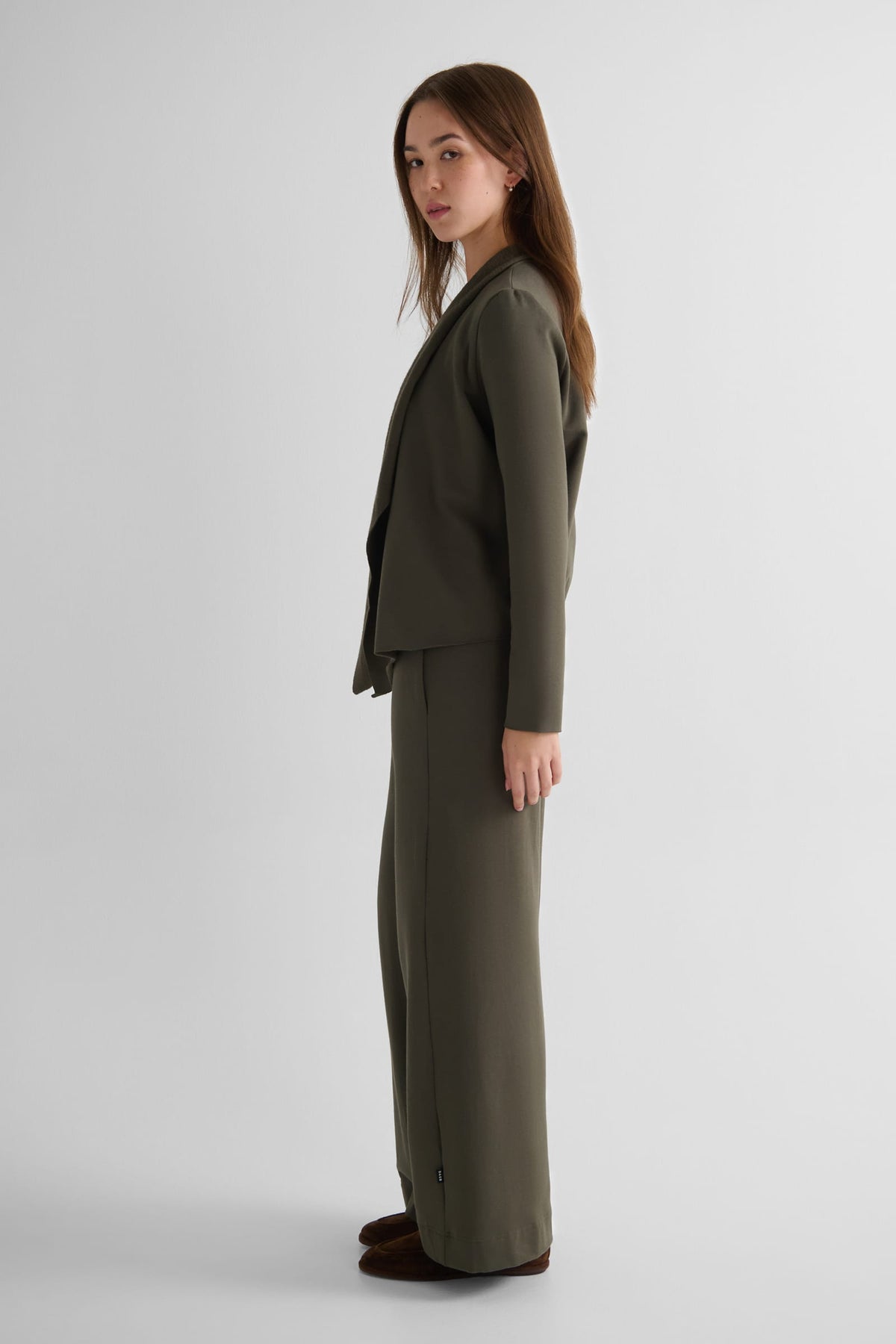Sloane Jacket in Spruce with Starboard Pant in Spruce - Lightweight Women’s Fleece Jacket in Spruce Green and Women's Wide Leg Pant in Spruce Green | DAUB
