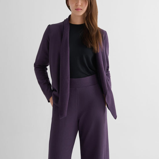 Sloane Jacket in Aubergine with Maia Tank in Black and Starboard Pant in Aubergine - Lightweight Women’s Fleece Jacket in Aubergine Purple, Women's Basic Tank Top in Black and Women's Wide Leg Pant in Aubergine Purple | DAUB