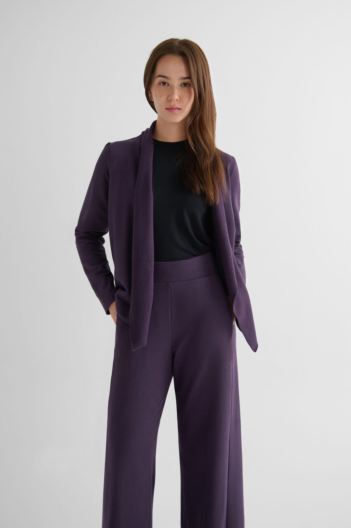 Sloane Jacket in Aubergine with Maia Tank in Black and Starboard Pant in Aubergine - Lightweight Women’s Fleece Jacket in Aubergine Purple, Women's Basic Tank Top in Black and Women's Wide Leg Pant in Aubergine Purple | DAUB