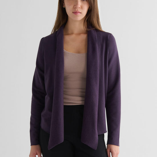 Sloane Jacket in Aubergine with Basic Tank in Etherea - Lightweight Women’s Fleece Jacket in Aubergine Purple and Women's Basic Tank Top in Beige | DAUB