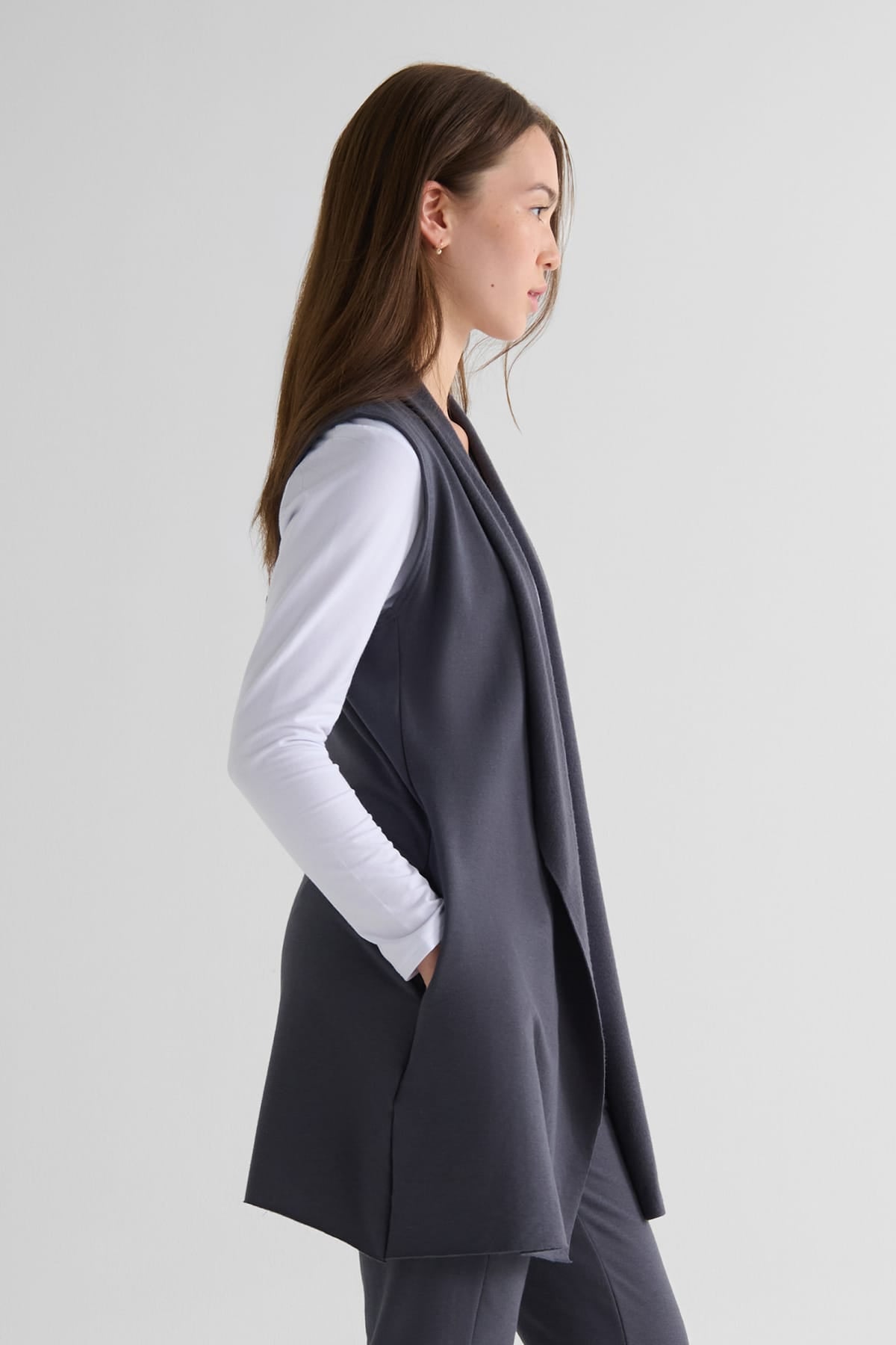 Hatley Vest in Ash with Avery Longsleeve in White - Lightweight Women’s Fleece Vest in Ash Grey and Women's Long Sleeve Top in White | DAUB