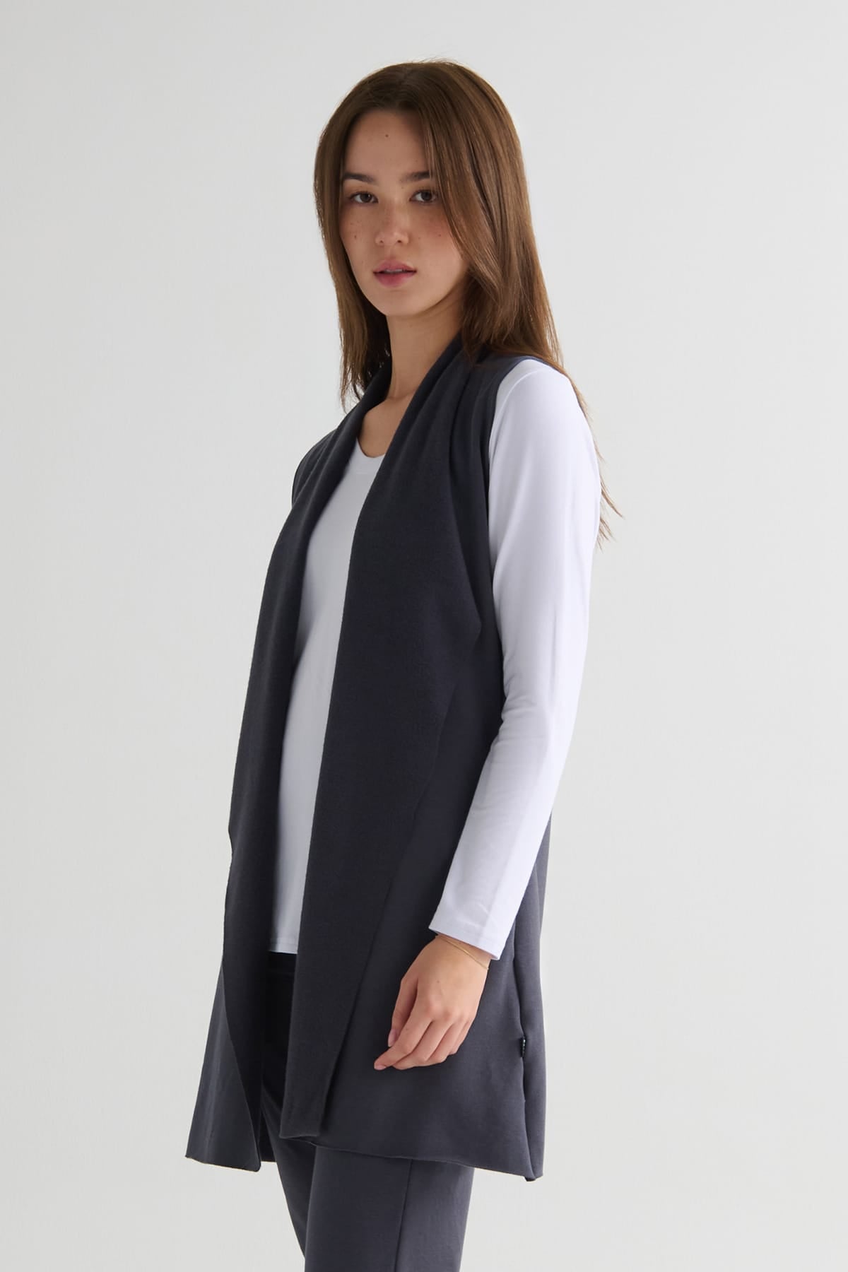 Hatley Vest in Ash with Avery Longsleeve in White - Lightweight Women’s Fleece Vest in Ash Grey and Women's Long Sleeve Top in White | DAUB