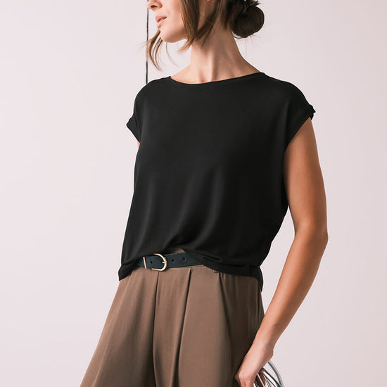 Box Tee with Winslow Trouser - Women's Basic T-Shirt in Black and Women's Tailored Trouser in Olive Green | DAUB