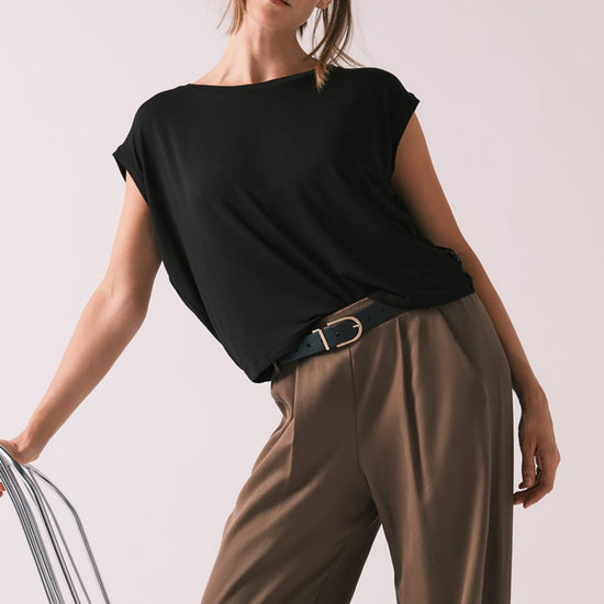 Box Tee with Winslow Trouser - Women's Basic T-Shirt in Black and Women's Tailored Trouser in Olive Green | DAUB