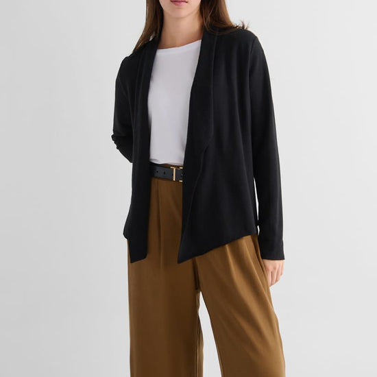 Sloane Jacket in Black with Box Tee in White and Winslow Trouser in Clove - Lightweight Women’s Fleece Jacket in Black, Women's Basic T-Shirt in White and Women's Tailored Trouser in Clove Brown | DAUB