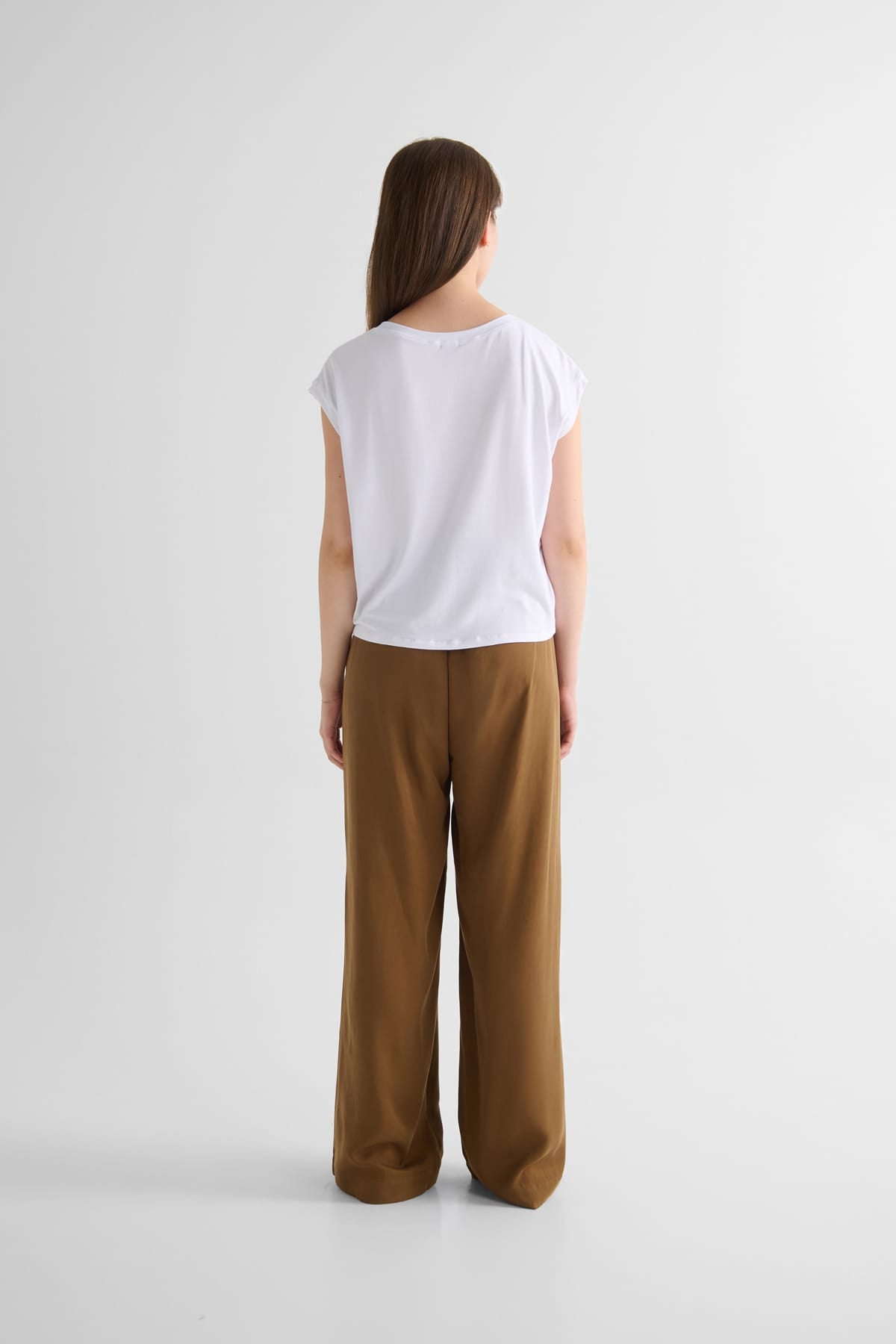 Box Tee with Winslow Trouser - Women's Basic T-Shirt in White and Women's Tailored Trouser in Clove Brown | DAUB