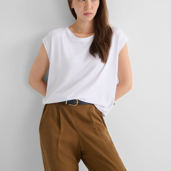 Box Tee with Winslow Trouser - Women's Basic T-Shirt in White and Women's Tailored Trouser in Clove Brown | DAUB