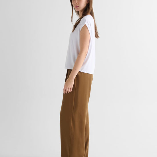 Box Tee with Winslow Trouser - Women's Basic T-Shirt in White and Women's Tailored Trouser in Clove Brown | DAUB