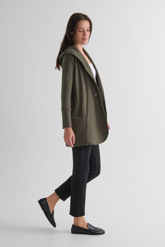 Cocoon Jacket in Spruce with Wren Pant in Black - Women's Hooded Fleece Jacket in Spruce Green and Women's Straight Leg Pant in Black | DAUB