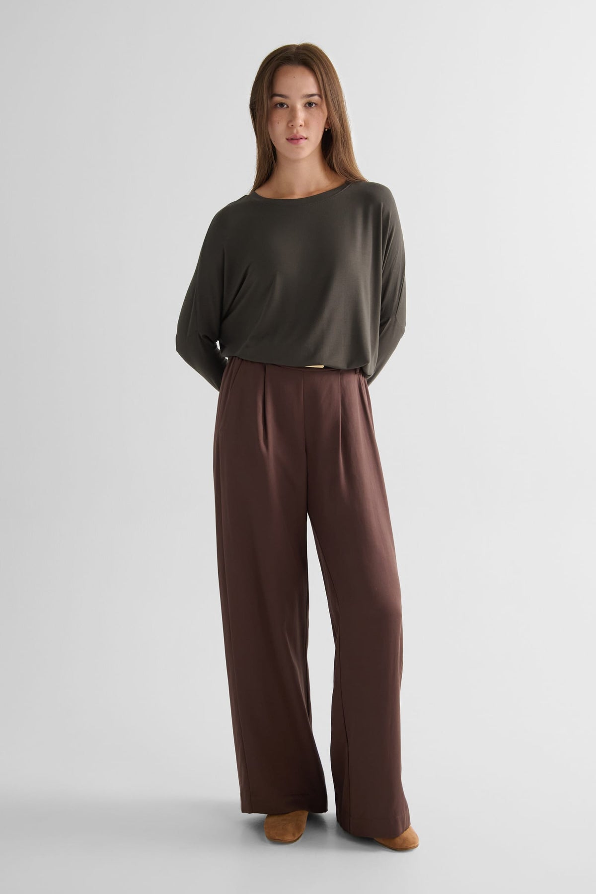 Dolman Longsleeve in Spruce with Winslow Trouser in Espresso - Women's Long Sleeve Top in Spruce Green and Women's Tailored Trouser in Espresso Brown | DAUB