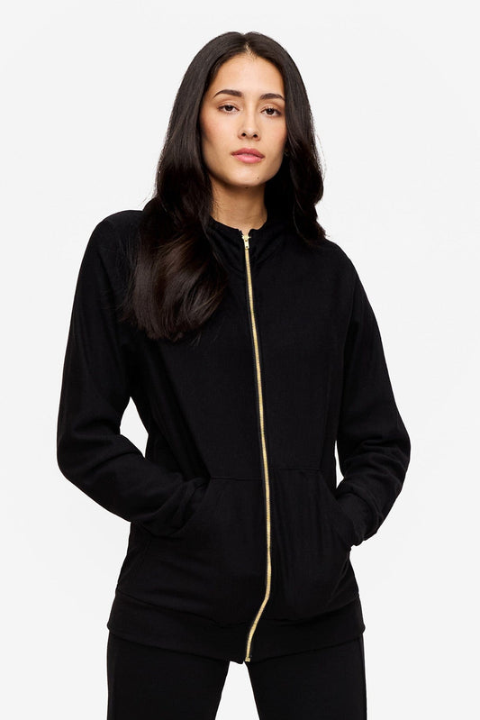 woman wearing a black zipped hoodie