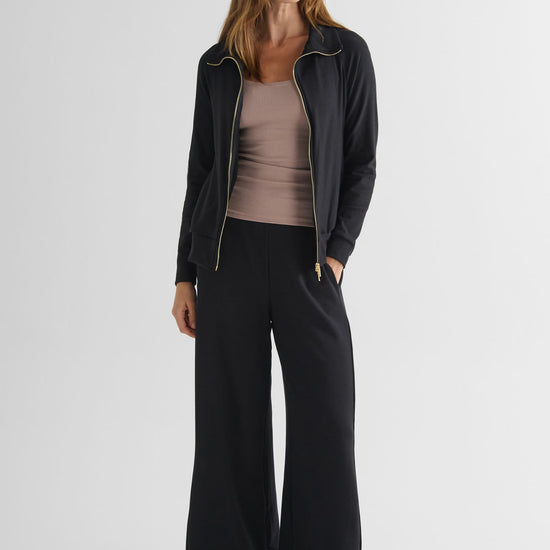 Freedom Full Zip Sweatshirt in Black with Basic Tank in Etherea and Starboard Pant in Black - Women's Full Zip Fleece Sweatshirt in Black, Women's Basic Tank Top in Beige and Women's Wide Leg Pant in Black | DAUB