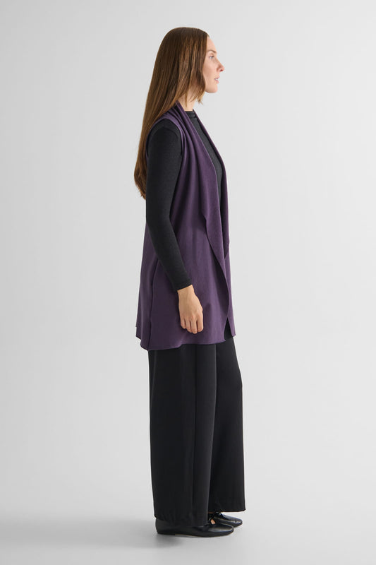 Hatley Vest in Aubergine with Monroe Mockneck Sweater in Iron and Starboard Pant in Black - Lightweight Women’s Fleece Vest in Aubergine Purple, Women's Long Sleeve Sweater in Iron Grey and Women's Wide Leg Pant in Black | DAUB
