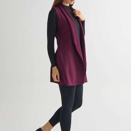 Hatley Vest in Syrah with Jensen Longsleeve in Black and Riley Legging in Matte Black - Lightweight Women’s Fleece Vest in Burgundy, Women's Basic Long Sleeve Top in Black and Women's Basic Legging in Black | DAUB