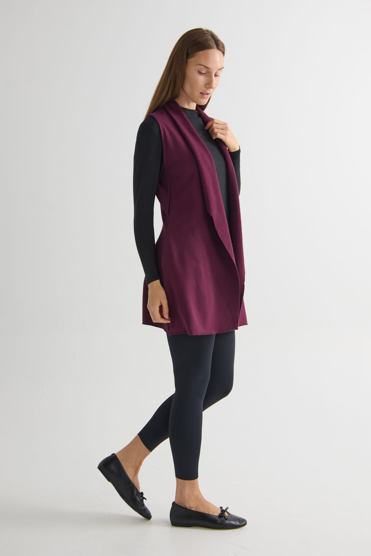 Hatley Vest in Syrah with Jensen Longsleeve in Black and Riley Legging in Matte Black - Lightweight Women’s Fleece Vest in Burgundy, Women's Basic Long Sleeve Top in Black and Women's Basic Legging in Black | DAUB