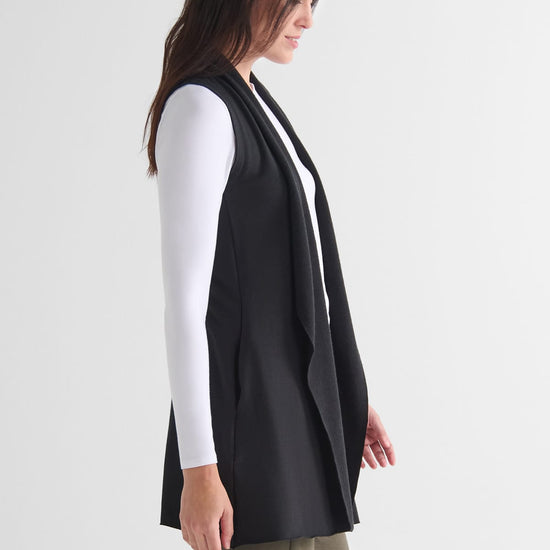 Hatley Vest in Black with Leilani Longsleeve in White  - Lightweight Women’s Fleece Vest in Black and Women's Basic Long Sleeve Top in White | DAUB