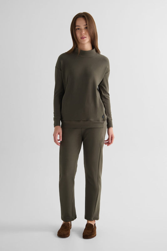 Shiloh Funnelneck Sweatshirt in Spruce with Wren Pant in Spruce - Women's Basic Funnelneck Fleece Sweatshirt in Spruce Green and Women's Straight Leg Pant in Spruce Green | DAUB