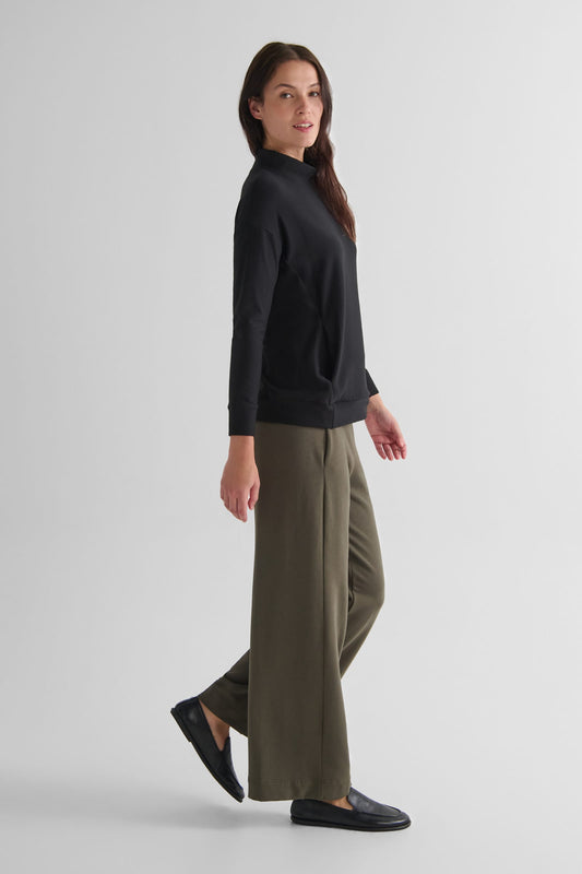 Shiloh Funnelneck Sweatshirt in Black with Starboard Pant in Spruce - Women's Basic Funnelneck Fleece Sweatshirt in Black and Women's Wide Leg Pant in Spruce Green | DAUB