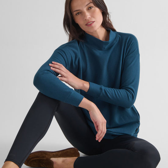 Shiloh Funnelneck Sweatshirt in Mystique with Riley Legging in Matte Black - Women's Basic Funnelneck Fleece Sweatshirt in Blue and Women's Basic Legging in Black | DAUB