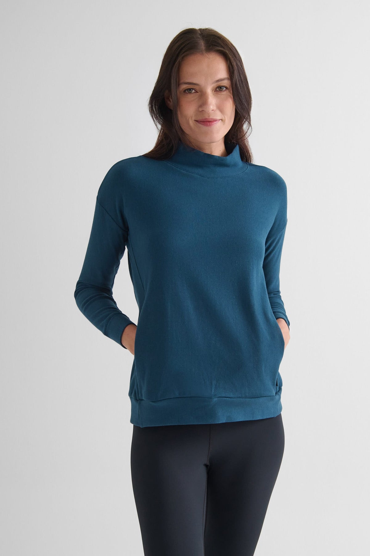 Shiloh Funnelneck Sweatshirt in Mystique - Women's Basic Funnelneck Fleece Sweatshirt in Blue | DAUB