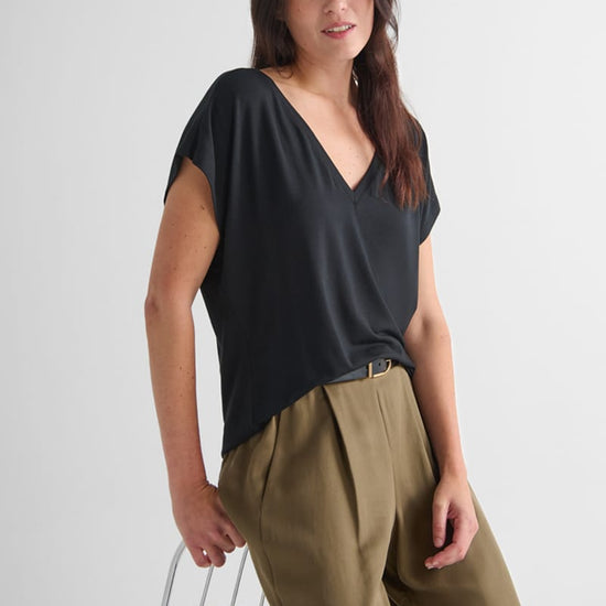 Winslow Trouser with Trinity Tee - Women's Tailored Trouser in Olive Green and Women's V-neck T-shirt in Black | Daub