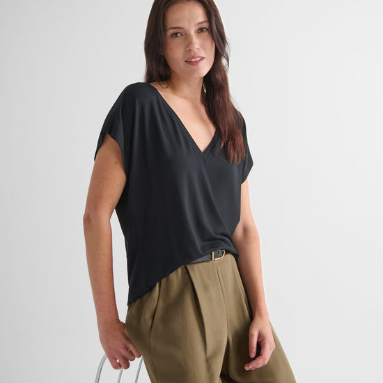 Trinity Tee with Winslow Trouser - Women's Basic V-Neck T-Shirt in Black and Women's Tailored Trouser in Olive Green | DAUB