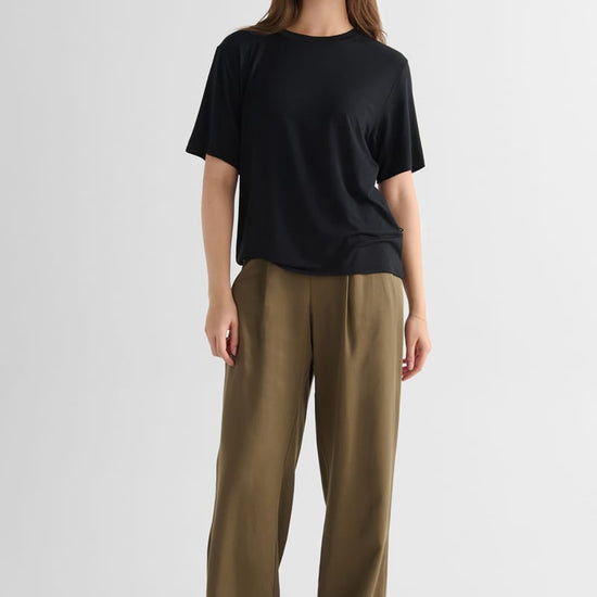 Winslow Trouser with Weekend Tee -  Women's Tailored Trouser in Olive Green and Women's Basic T-shirt in Black | Daub