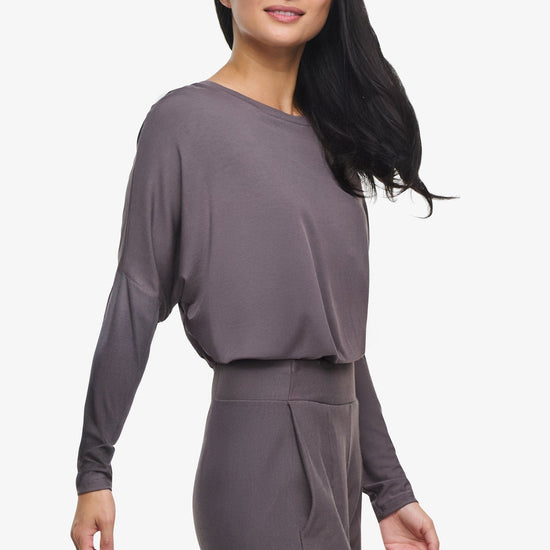 Dolman Longsleeve  - Woman dolman sleeve long sleeve top in warm grey side | Daub & Design