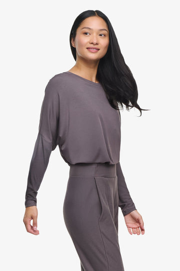 Dolman Longsleeve  - Woman dolman sleeve long sleeve top in warm grey side | Daub & Design
