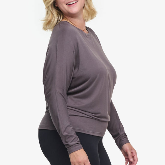 Dolman Longsleeve  - Woman dolman sleeve long sleeve top in warm grey side | Daub & Design