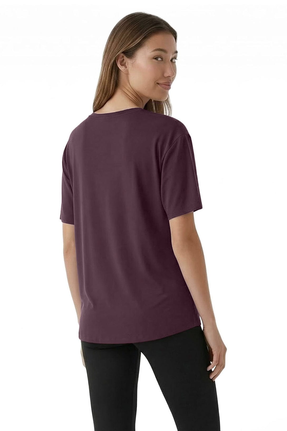 Woman wearing a purple t-shirt on a white background