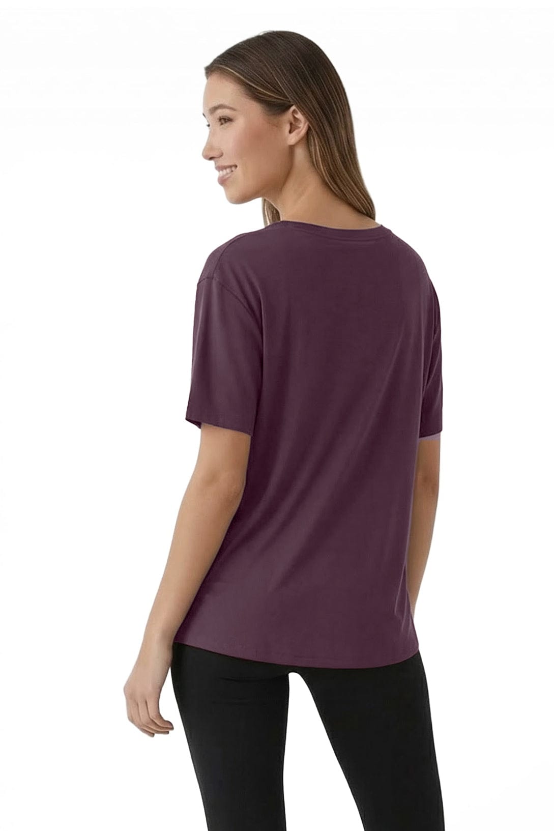 Woman wearing a purple t-shirt on a white background