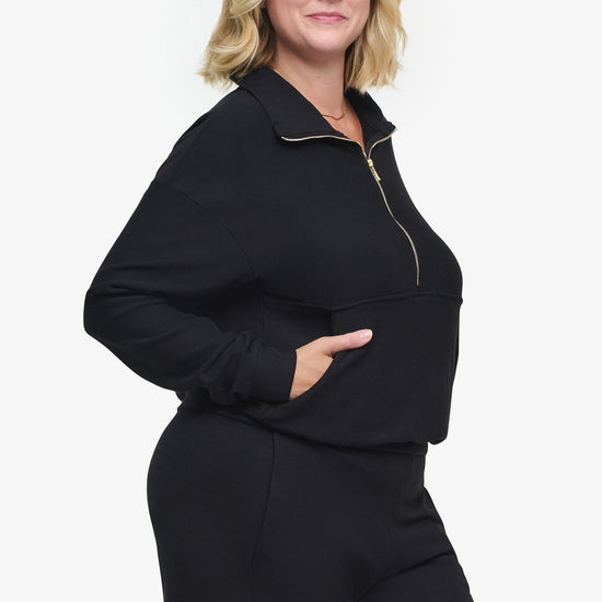 Freedom Half Zip Sweatshirt  - Woman half zip sweatshirt with kangaroo pocket in black side | Daub & Design