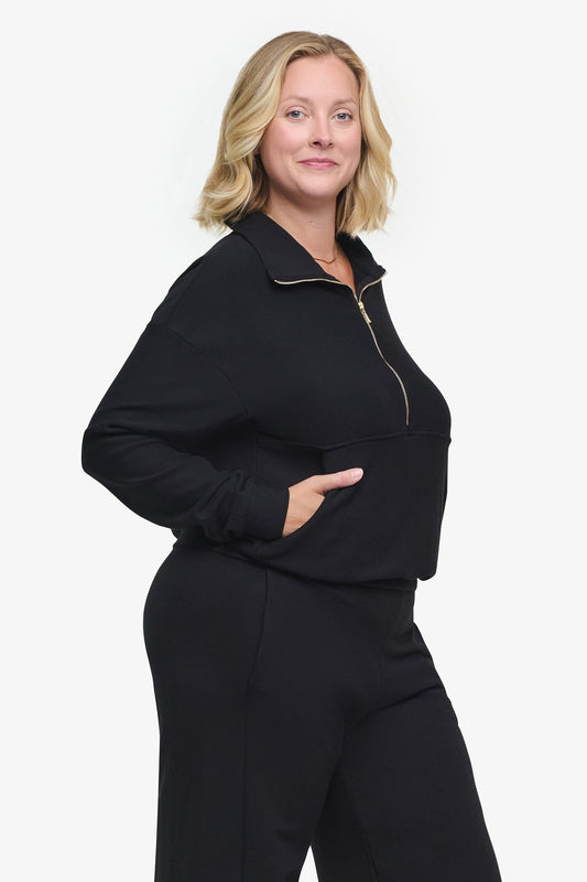Freedom Half Zip Sweatshirt  - Woman half zip sweatshirt with kangaroo pocket in black side | Daub & Design
