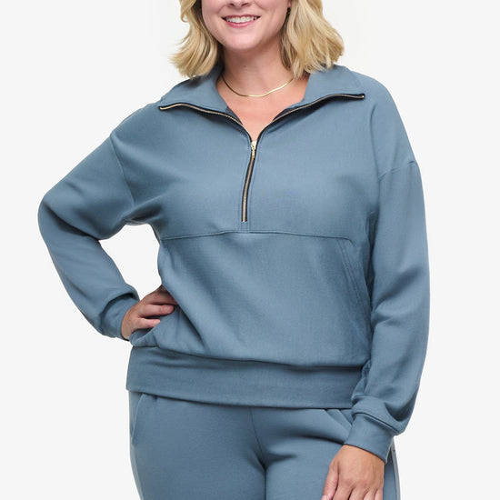 Freedom Half Zip Sweatshirt  - Woman half zip sweatshirt with kangaroo pocket in slate blue  | Daub & Design