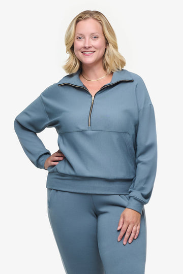 Freedom Half Zip Sweatshirt  - Woman half zip sweatshirt with kangaroo pocket in slate blue  | Daub & Design