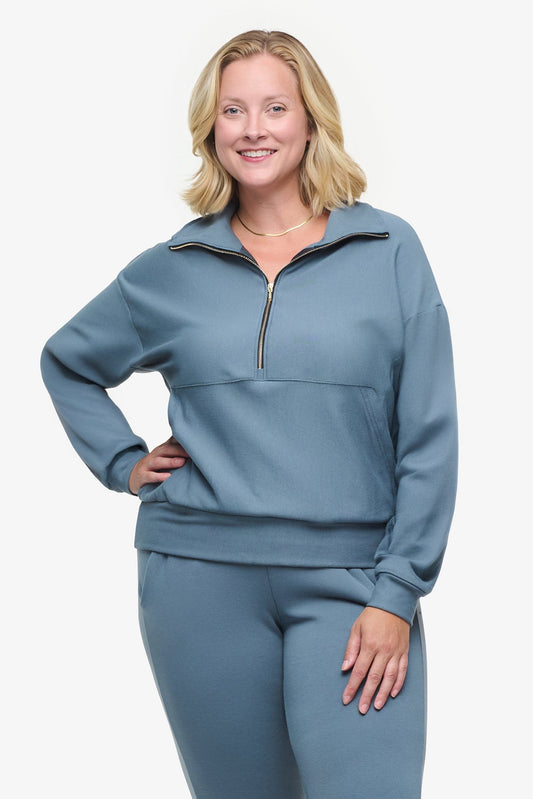 Freedom Half Zip Sweatshirt  - Woman half zip sweatshirt with kangaroo pocket in slate blue  | Daub & Design