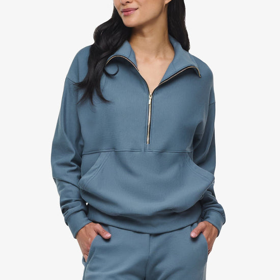 Freedom Half Zip Sweatshirt  - Woman half zip sweatshirt with kangaroo pocket in slate blue front | Daub & Design