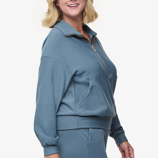 Freedom Half Zip Sweatshirt  - Woman half zip sweatshirt with kangaroo pocket in slate blue side | Daub & Design