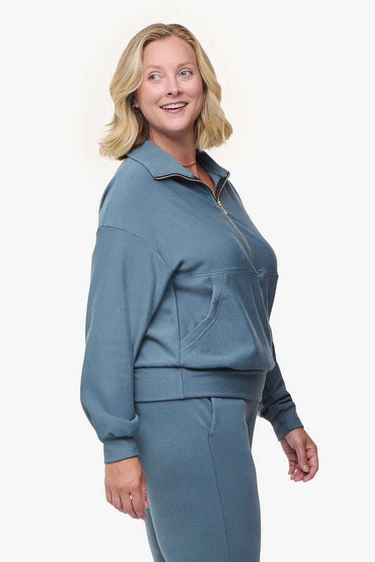 Freedom Half Zip Sweatshirt  - Woman half zip sweatshirt with kangaroo pocket in slate blue side | Daub & Design
