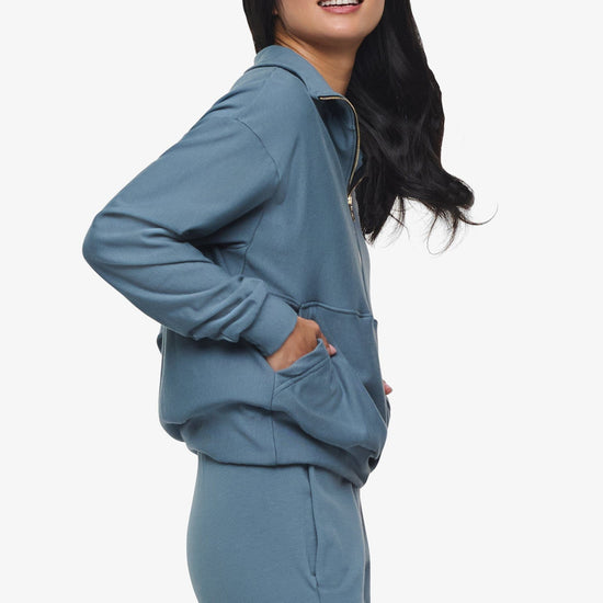 Freedom Half Zip Sweatshirt  - Woman half zip sweatshirt with kangaroo pocket in slate blue side | Daub & Design