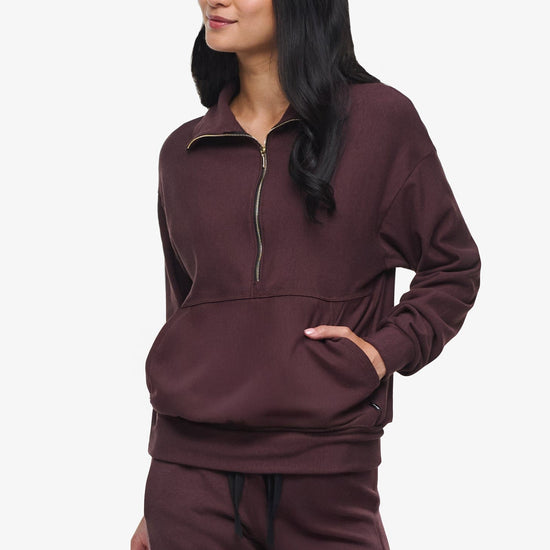 Freedom Half Zip Sweatshirt  - Woman half zip sweatshirt with kangaroo pocket in brown side | Daub & Design